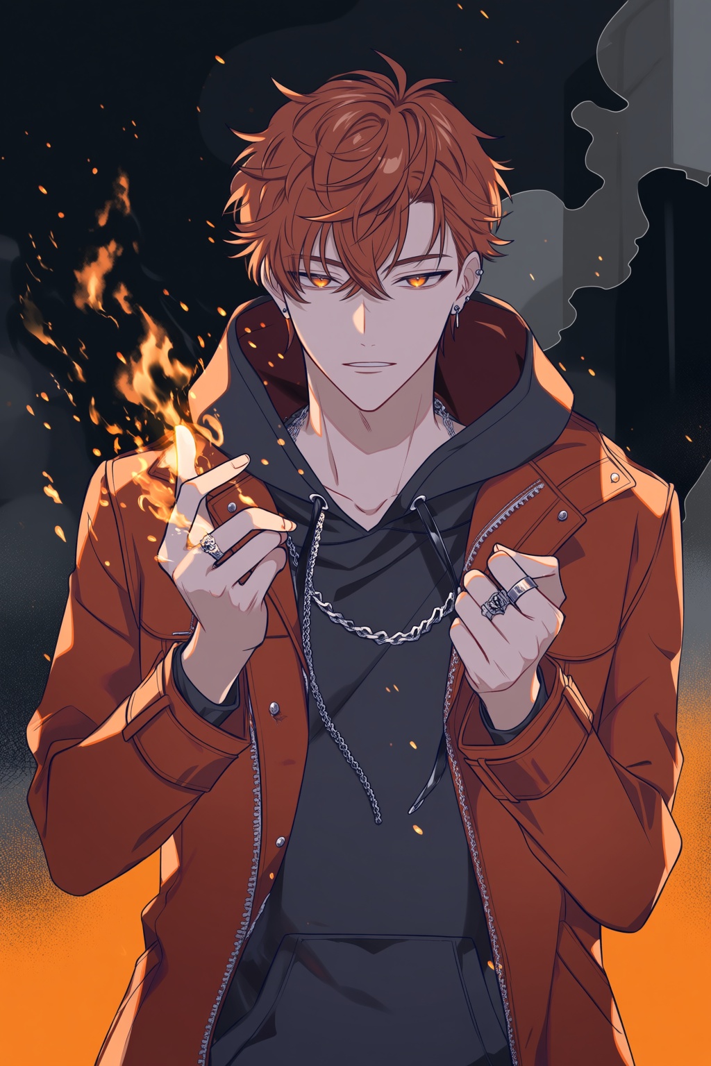 @shikim1,  @shikimi,  A supernatural man with auburn hair and glowing copper eyes is shown snapping his fingers as tiny sp...