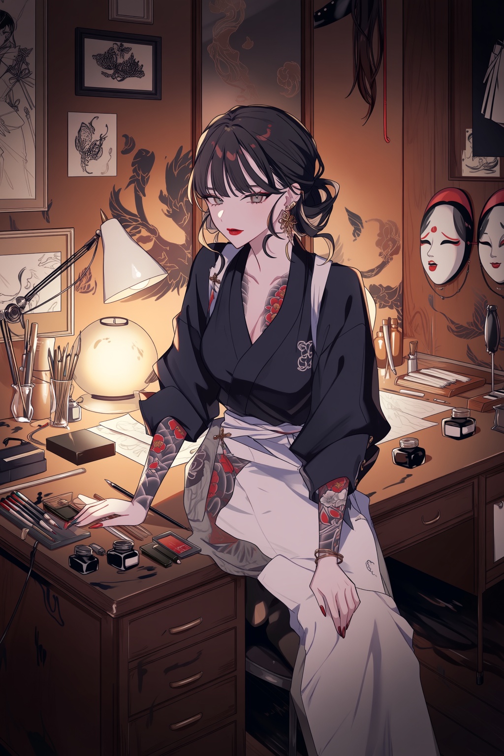 @shikim1,  @shikimi,  A refined portrait features a female tattoo artist connected to the underworld on Tensor.Art