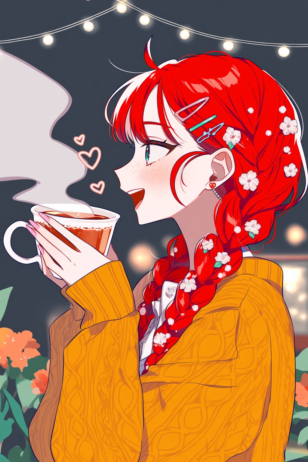 @shikim1,  @shikimi,  A joyful young woman with bright red braids is shown in close-up while holding a cup of tea near her...