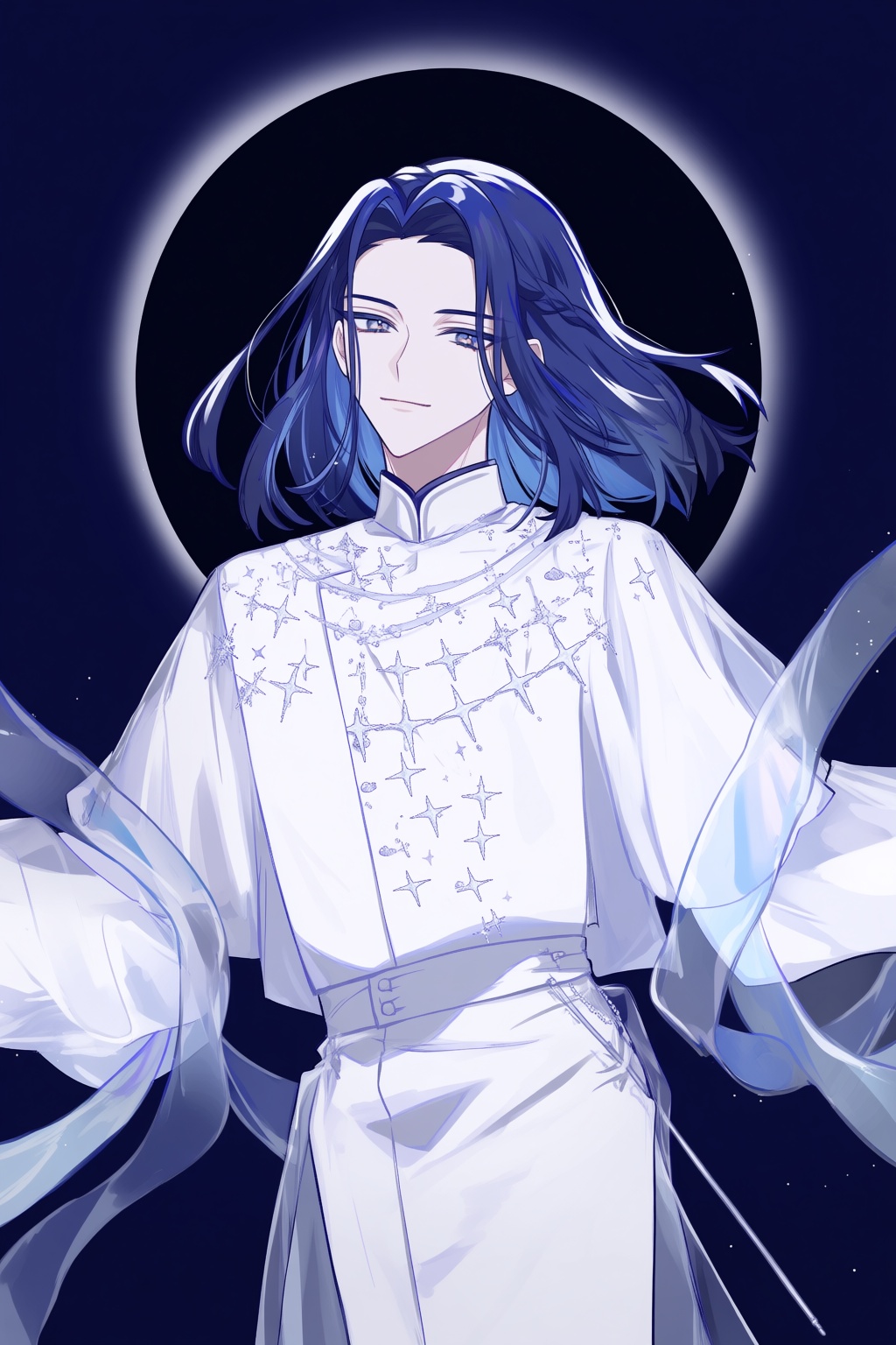 @shikim1,  @shikimi,  A supernatural digital painting portrays a celestial figure with flowing midnight-blue hair and lumi...