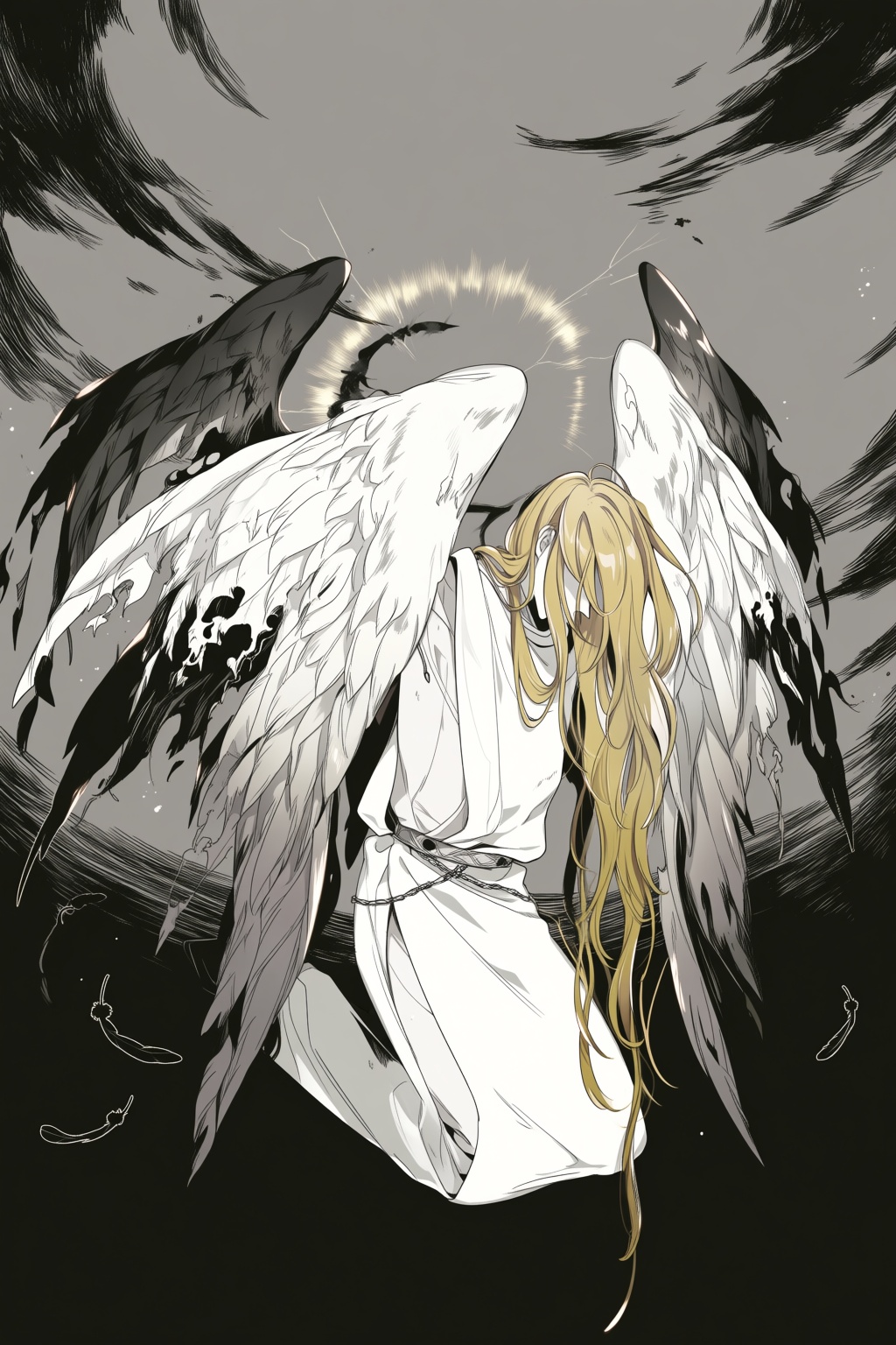 @shikim1,  @shikimi,  A melancholic digital illustration depicts a celestial being in a state of sorrowful grace. The figu...