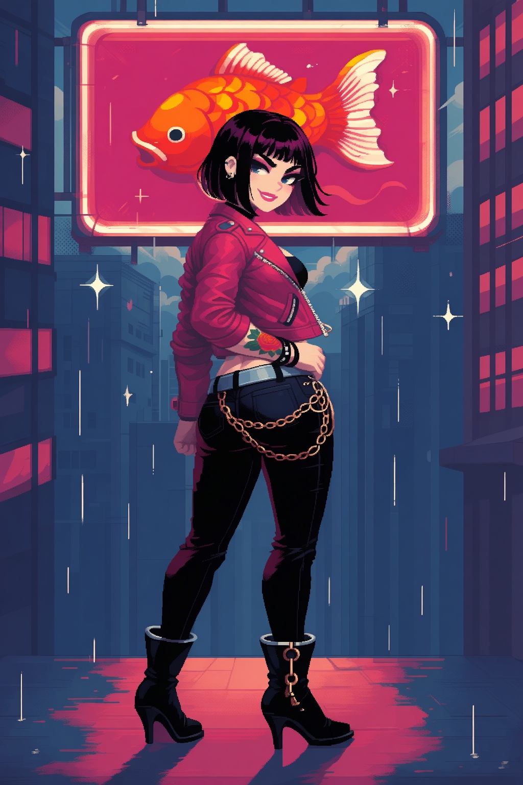 pixelart,  A bold character illustration depicts a young woman in a crimson leather jacket standing under a neon sign shap...