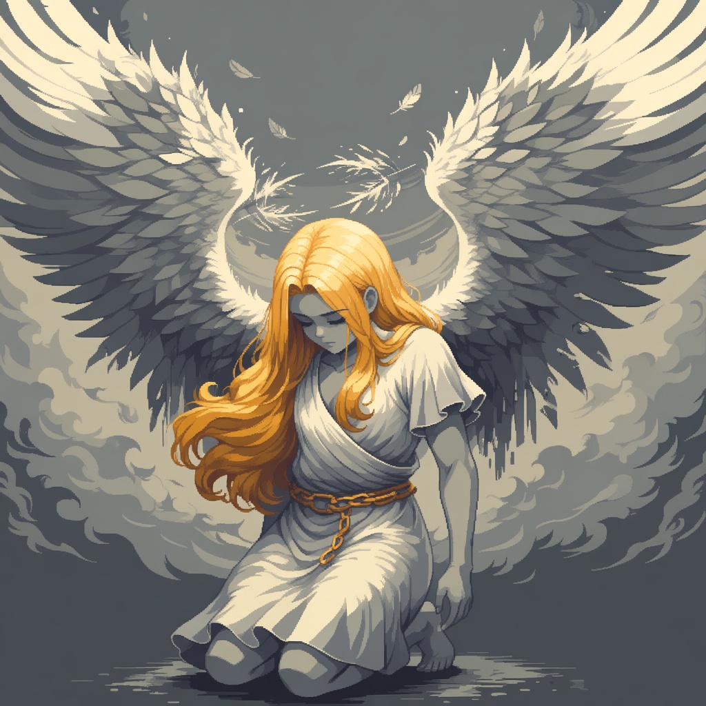 pixelart,  A melancholic digital illustration depicts a celestial being in a state of sorrowful grace. The figure is kneel...