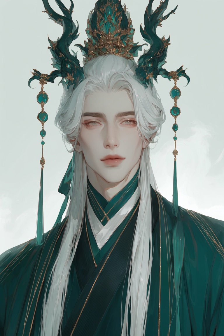 male with long silver-white hair tied with jade green ribbon,  soft grey eyes with golden flecks,  ornate dragon crown wit...
