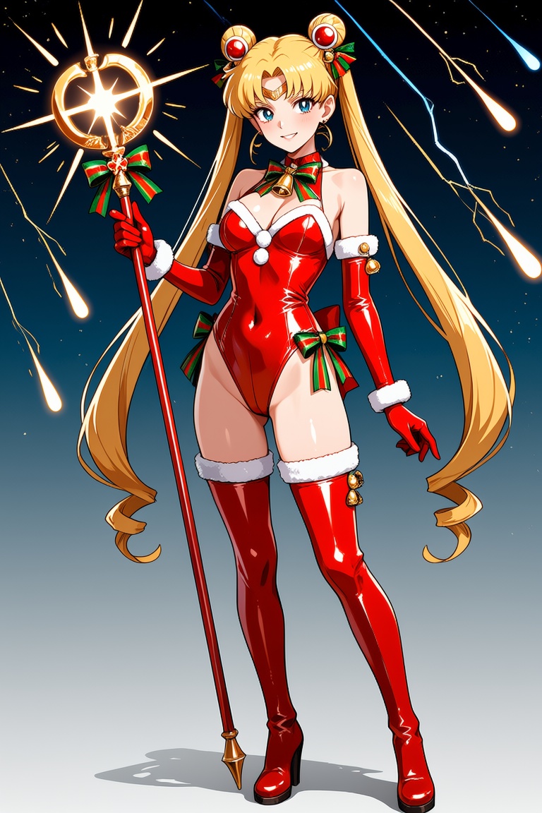 Sailor Moon in a bold,  festive outfit stands under a cosmic display of meteors and lightning. She is dressed in a sleek r...