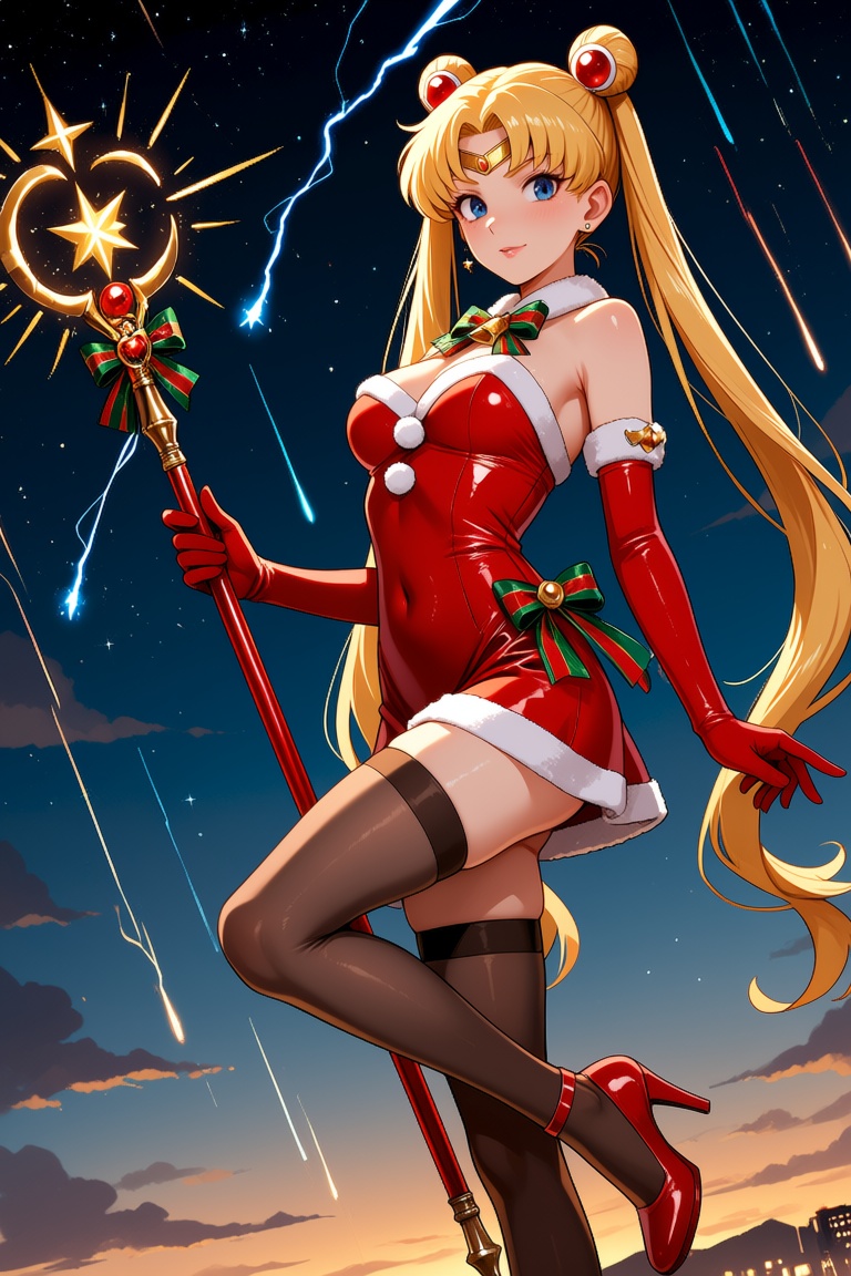 A stunning and dynamic scene featuring Sailor Moon dressed in a sensual Christmas-themed outfit. She wears a form-fitting...