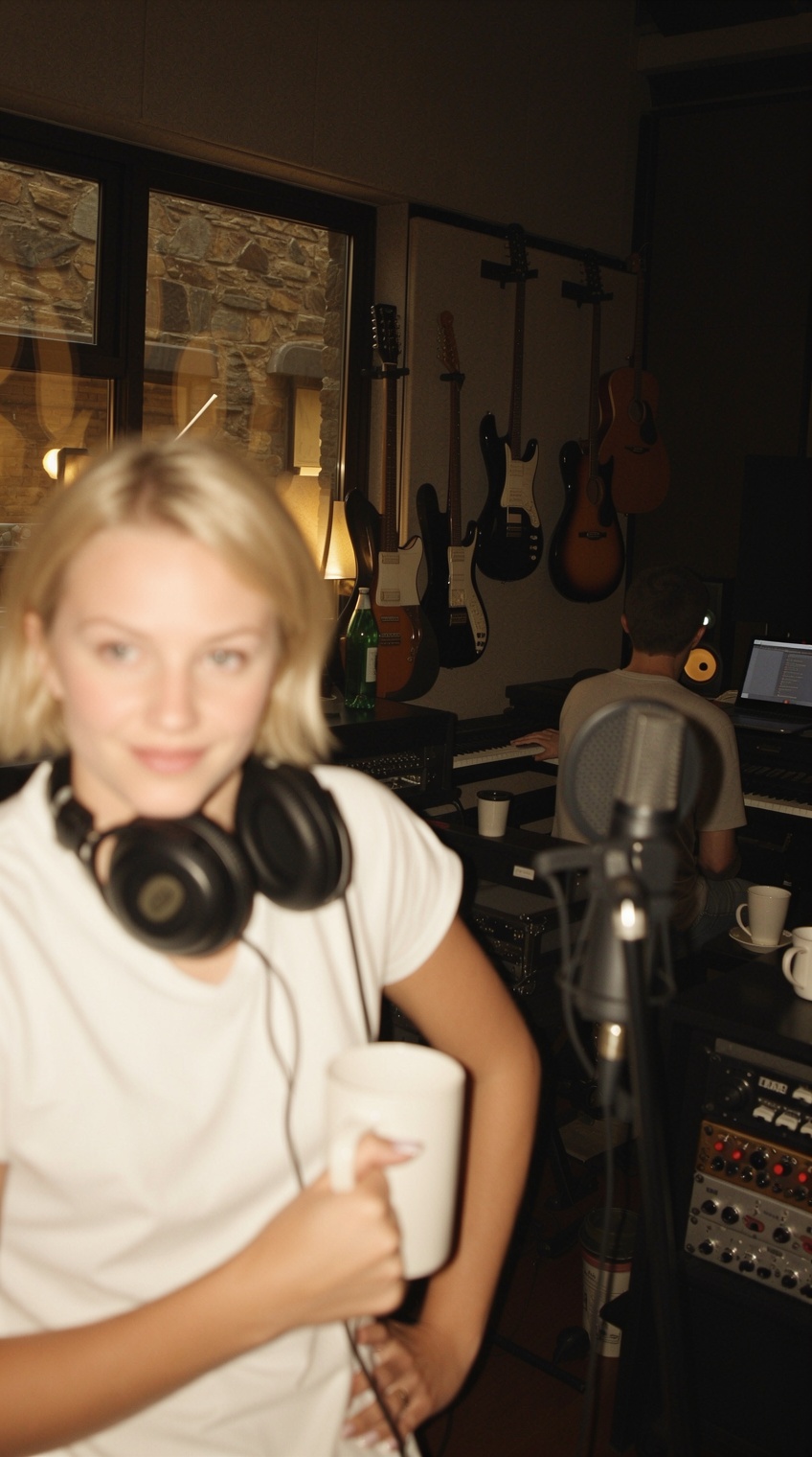 a woman with short blonde hair,  wearing a white t-shirt and large over-ear headphones around her neck,  stands slightly o...