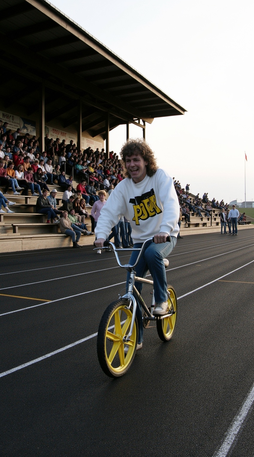 a man with curly hair rides a small bicycle with bright yellow wheels on a dark asphalt track,  leaning forward with a joy...