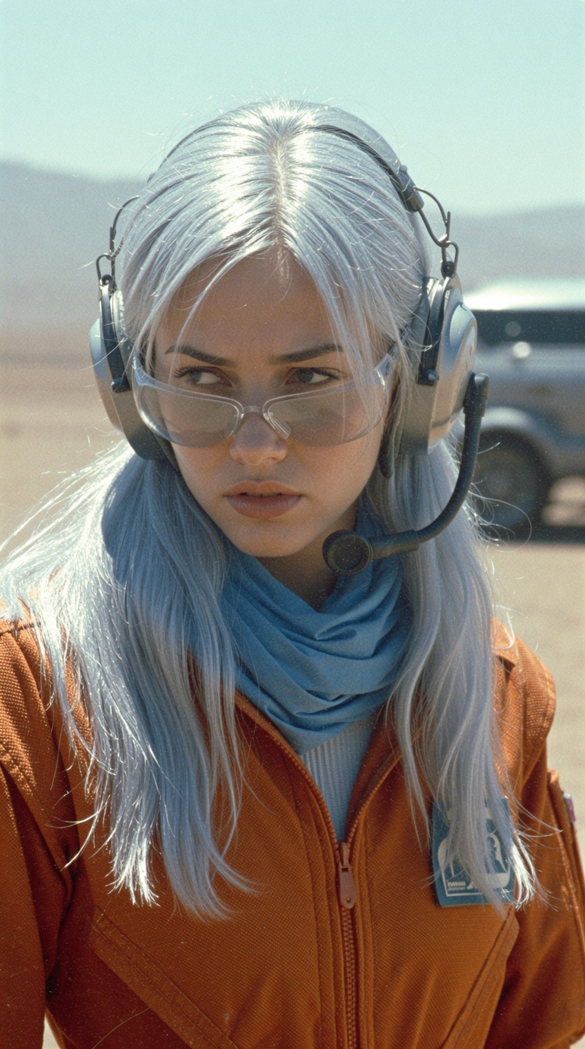 A dreamy and dramatic medium close-up 1980s-style nostalgic photograph of a beautiful young woman with long,  silver crimp...