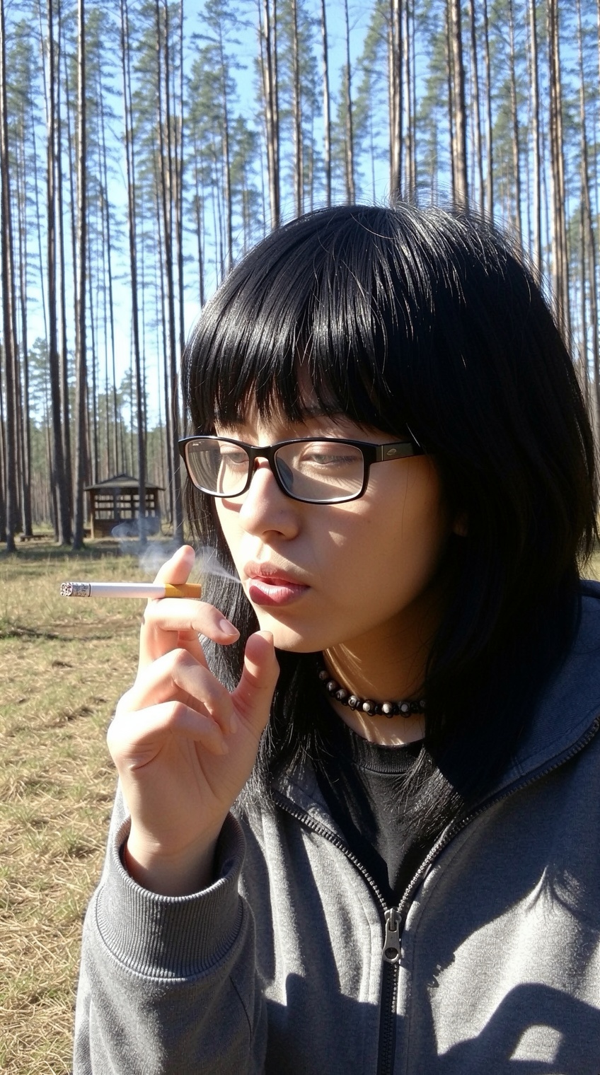 a young woman with dark,  shoulder-length hair and bangs stands in a sunlit pine forest,  wearing black-rimmed glasses on...