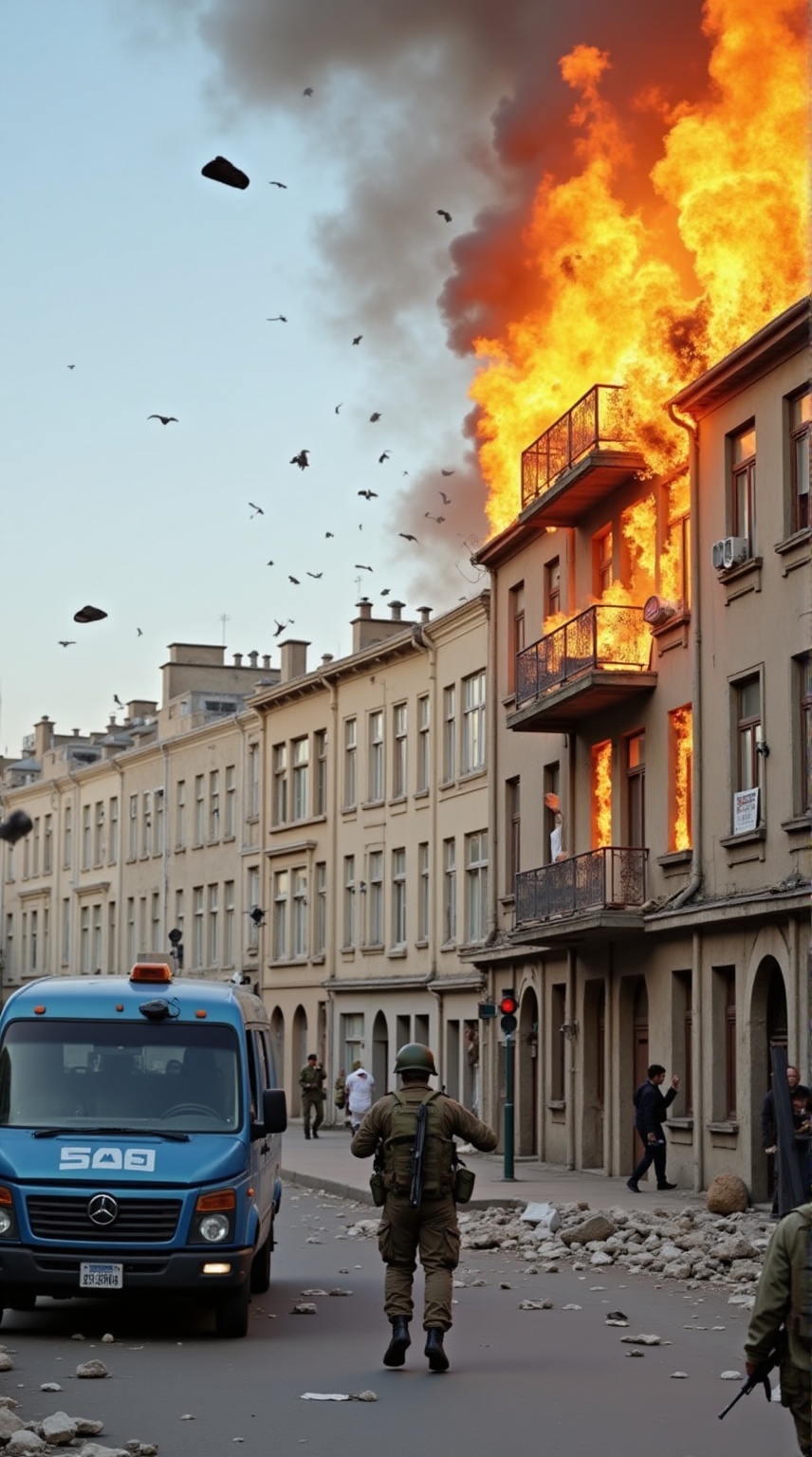 Photograph of an intense urban battle scene. A large building on the right is in flames,  with bright orange and yellow fi...
