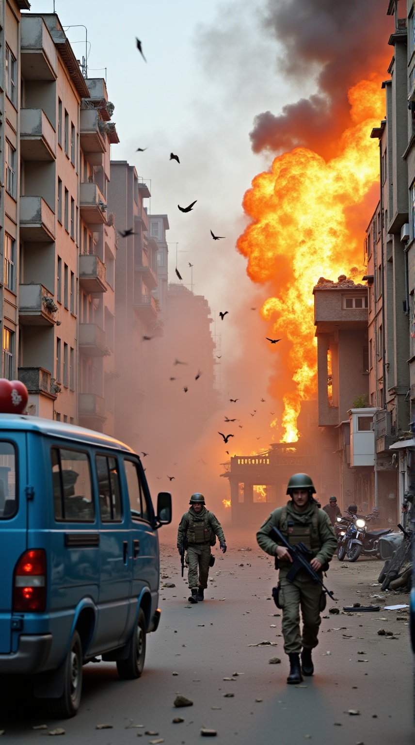 Photograph of an intense urban battle scene. A large building on the right is in flames,  with bright orange and yellow fi...