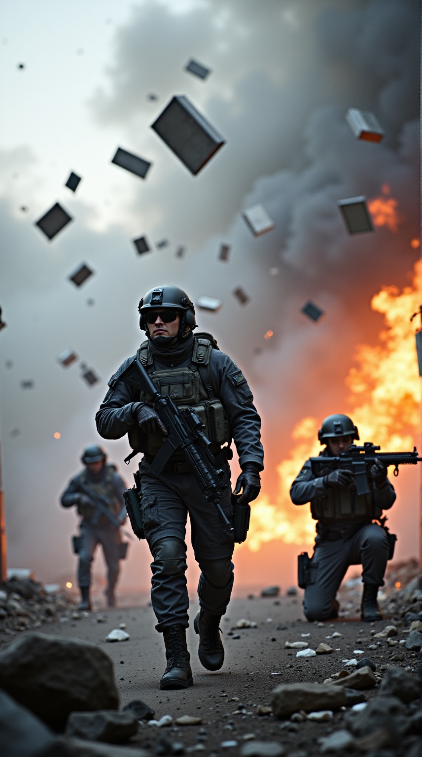 This photograph captures an intense,  chaotic moment during a military or urban battle. Central to the image is a heavily...