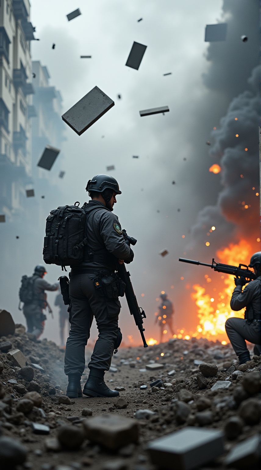 This photograph captures an intense,  chaotic moment during a military or urban battle. Central to the image is a heavily...
