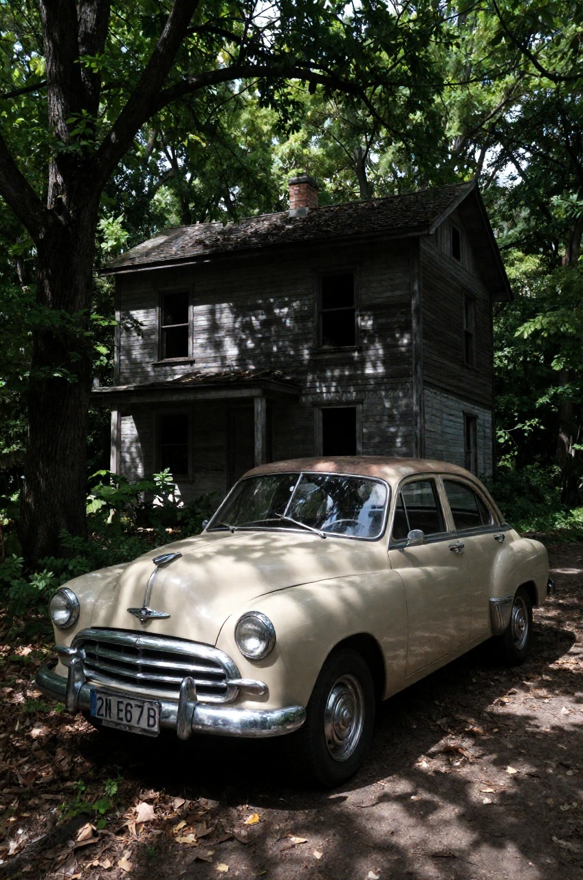 a full shot captures a classic vintage sedan parked on a shaded dirt clearing in front of an abandoned,  two-story wooden...