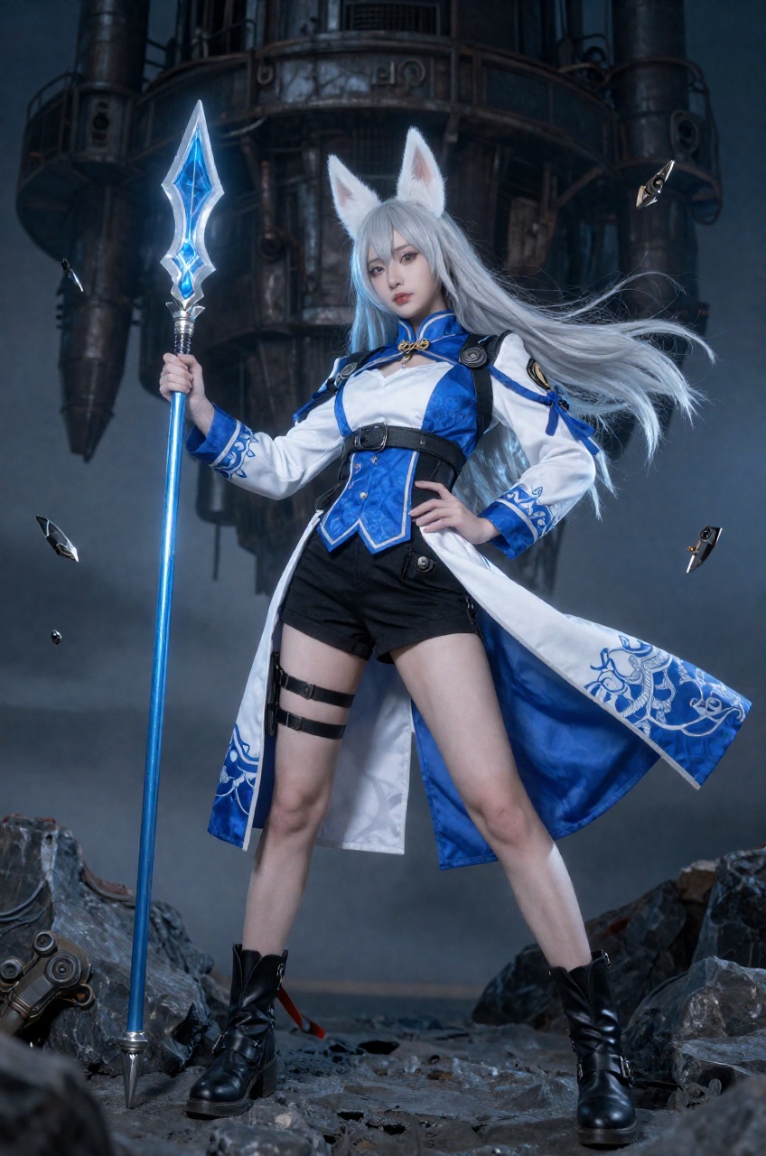 full-shot vertical composition features a striking woman depicted as a kitsune warrior,  captured from a low-angle perspec...