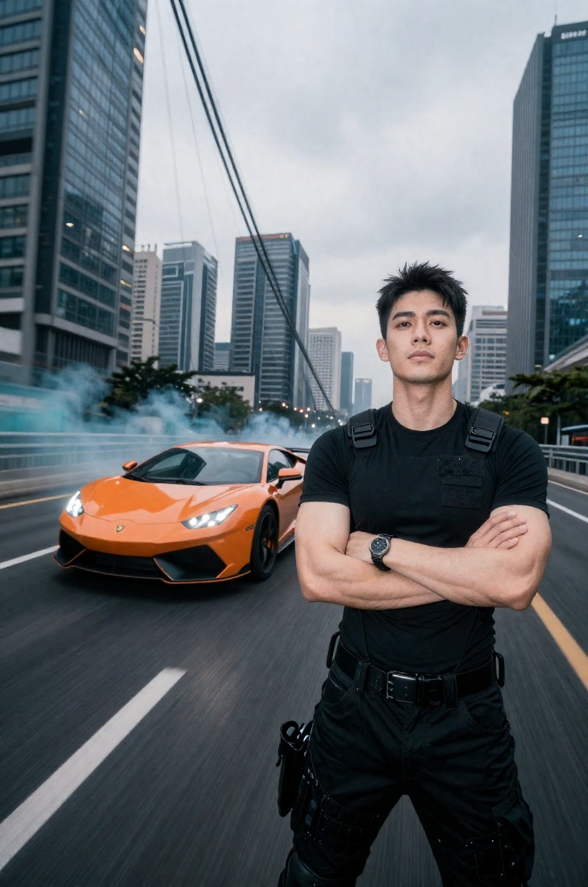 a vibrant orange supercar in a high-octane drift across a city bridge,  utilizing a worm's-eye view to emphasize the scale...