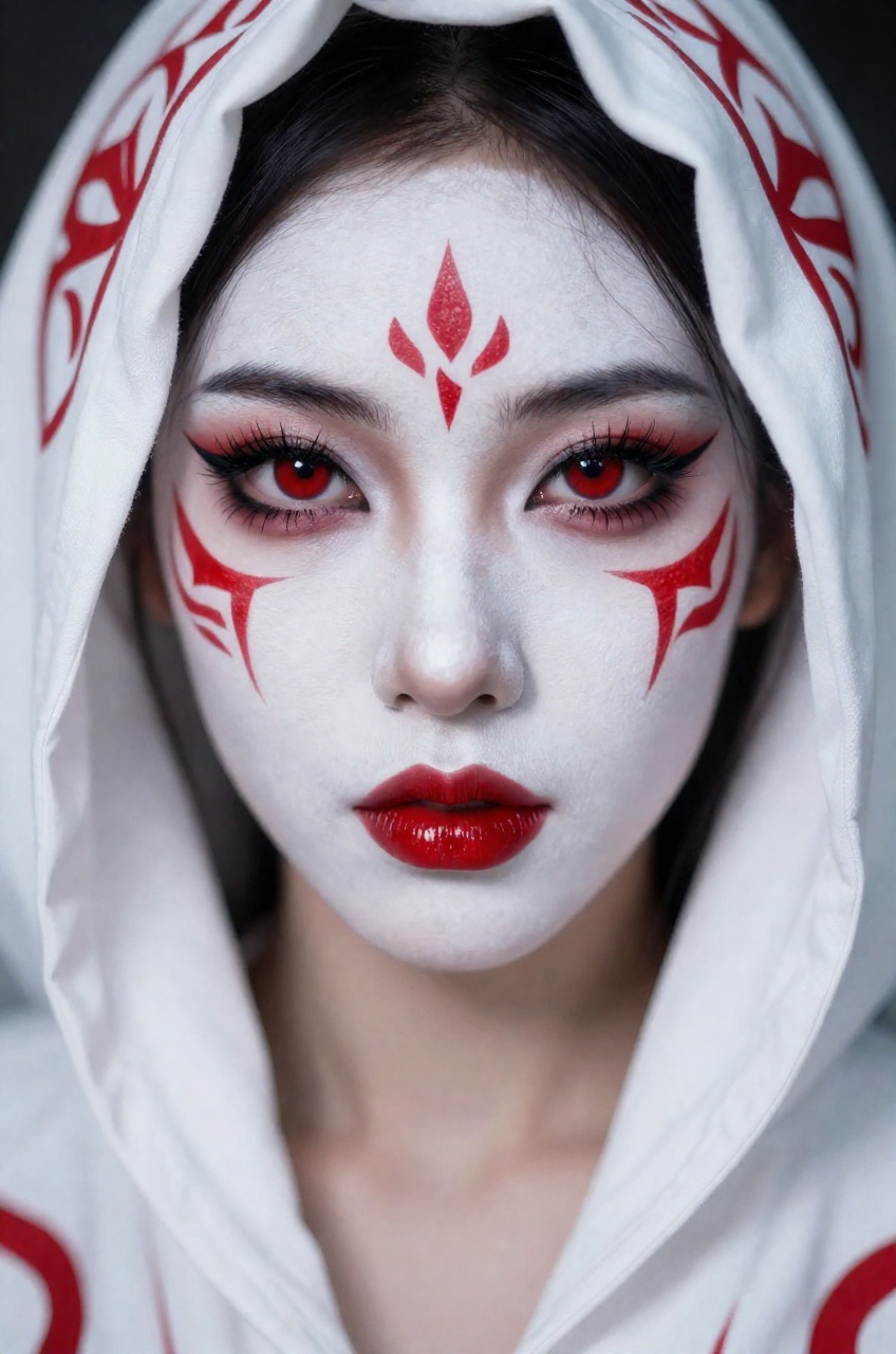 A high-detail,  straight-on,  close-up portrait captures the intense gaze of a stylized individual on Tensor.Art