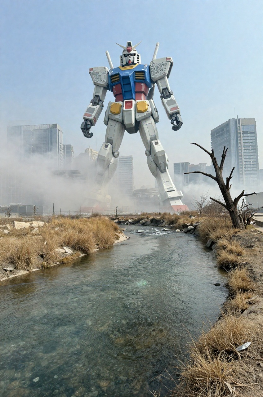 colossal Gundam loom behind the smoke,  post apocalypse,  shallow crystal clear river on Tensor.Art
