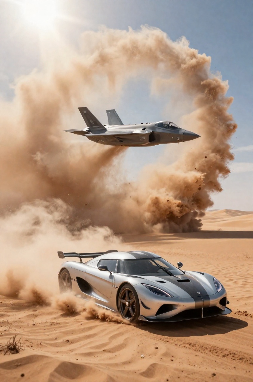 A scorching desert showdown featuring a Koenigsegg Jesko and an F-35 jet hovering in a high-speed transition. The jet’s VT...