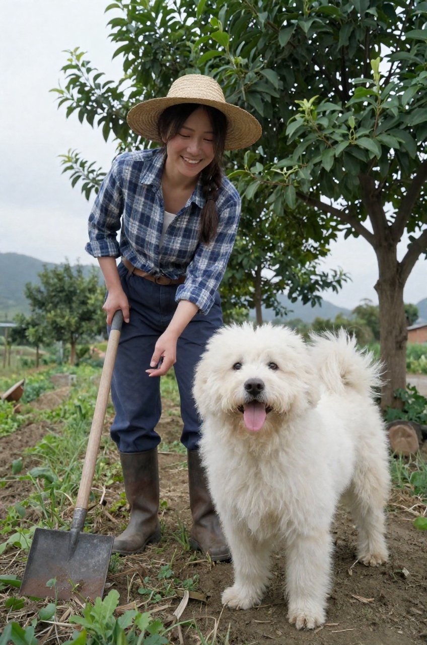 a female farmer,  fluffy dog,  joyfull on Tensor.Art