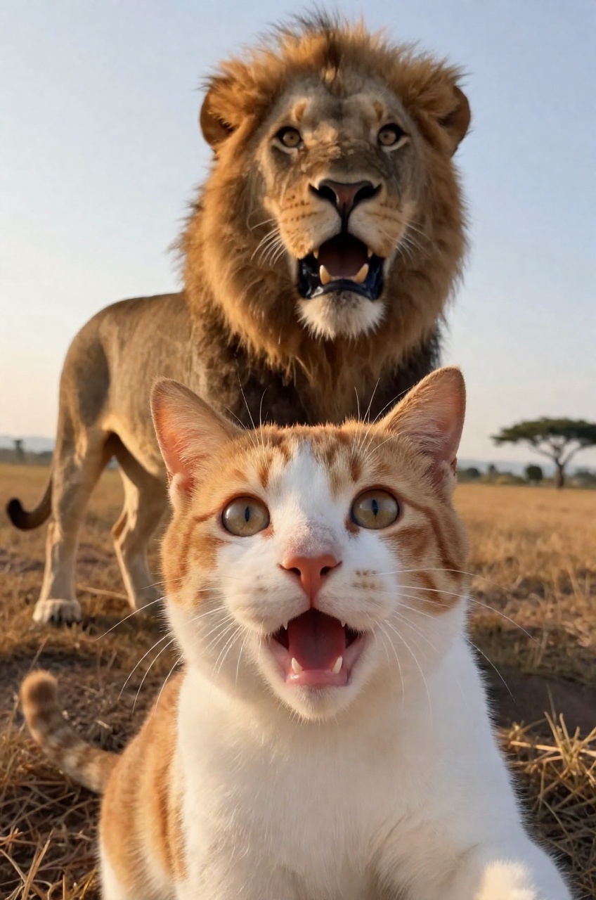 A humorous,  hyperrealistic close-up "selfie" taken from a very low perspective,  featuring a cat in the foreground and a...