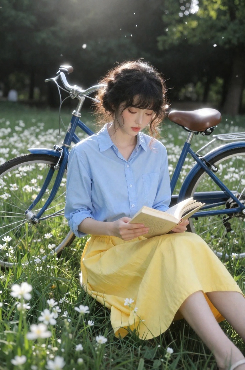 Captured in a medium full shot with a slightly low-angle perspective,  this image features a young woman sitting peacefull...