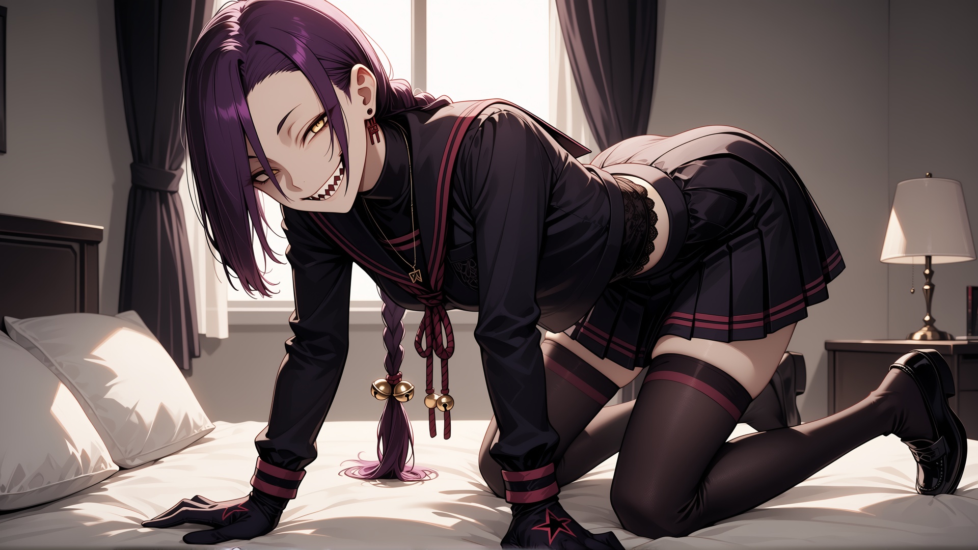 A girl with long purple hair pulled back into a simple,  long braid,  with a small bell tied to the end of the braid as an...