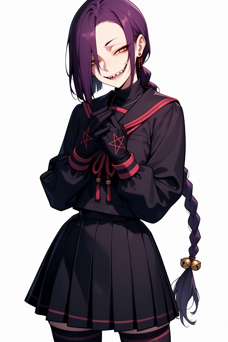 A girl with long purple hair pulled back into a simple,  long braid,  with a small bell tied to the end of the braid as an...