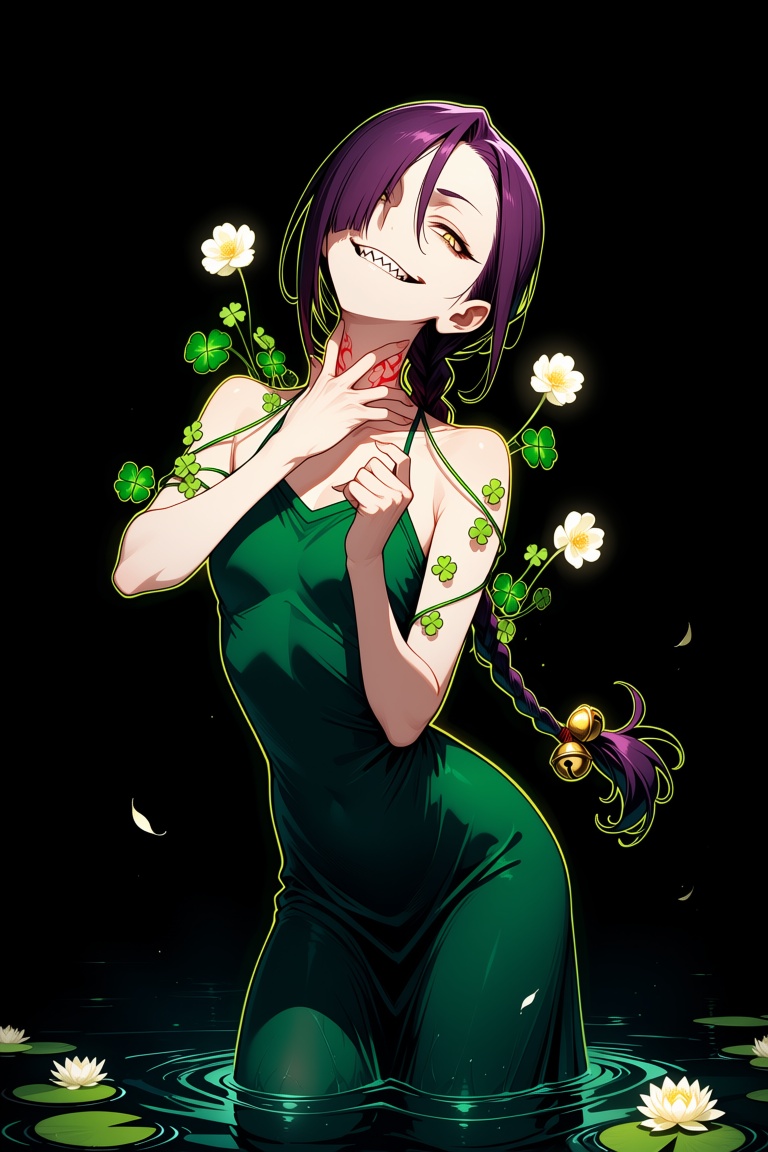 A girl with long purple hair pulled back into a simple,  long braid,  with a small bell tied to the end of the braid as an...