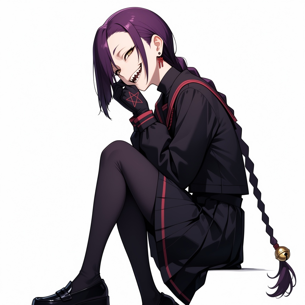 A girl with long purple hair pulled back into a simple,  long braid,  with a small bell tied to the end of the braid as an...