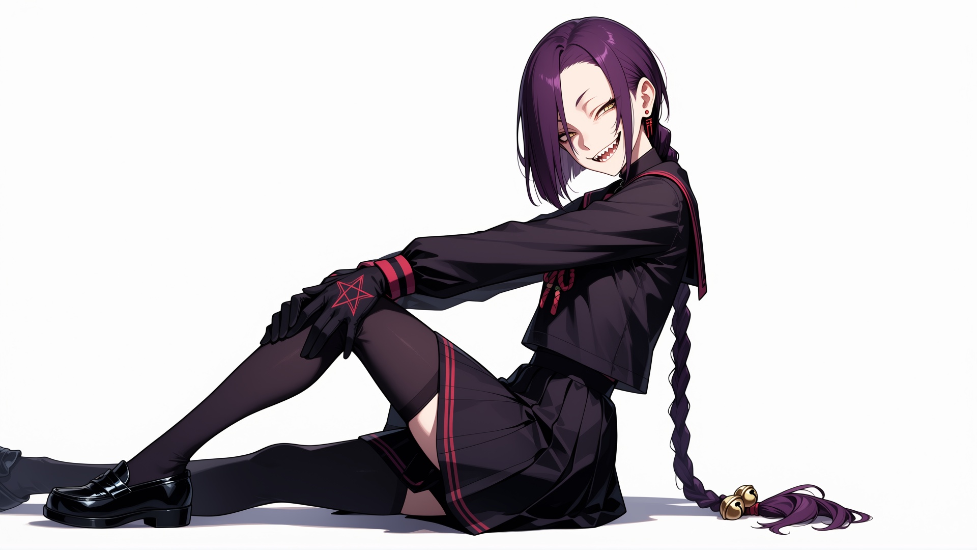 A girl with long purple hair pulled back into a simple,  long braid,  with a small bell tied to the end of the braid as an...