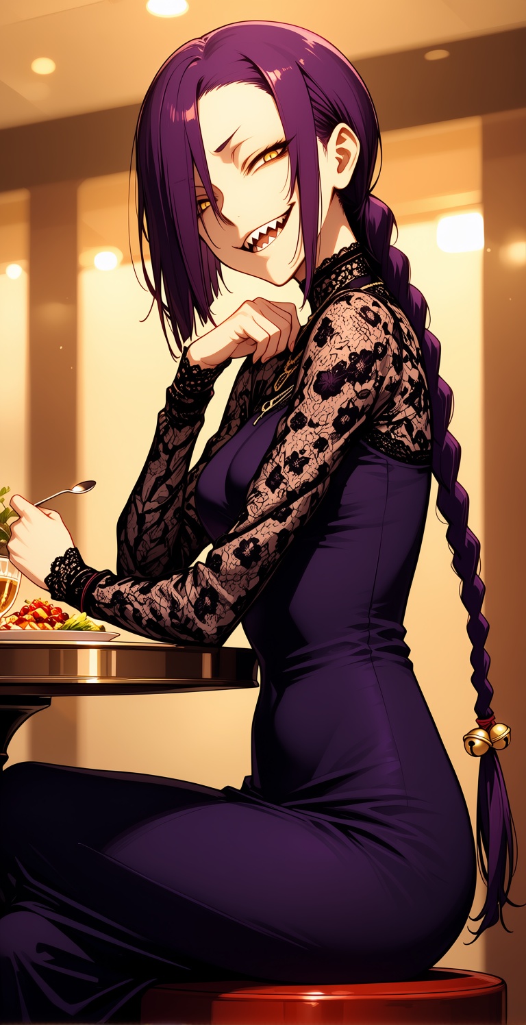 A girl with long purple hair pulled back into a simple,  long braid,  with a small bell tied to the end of the braid as an...