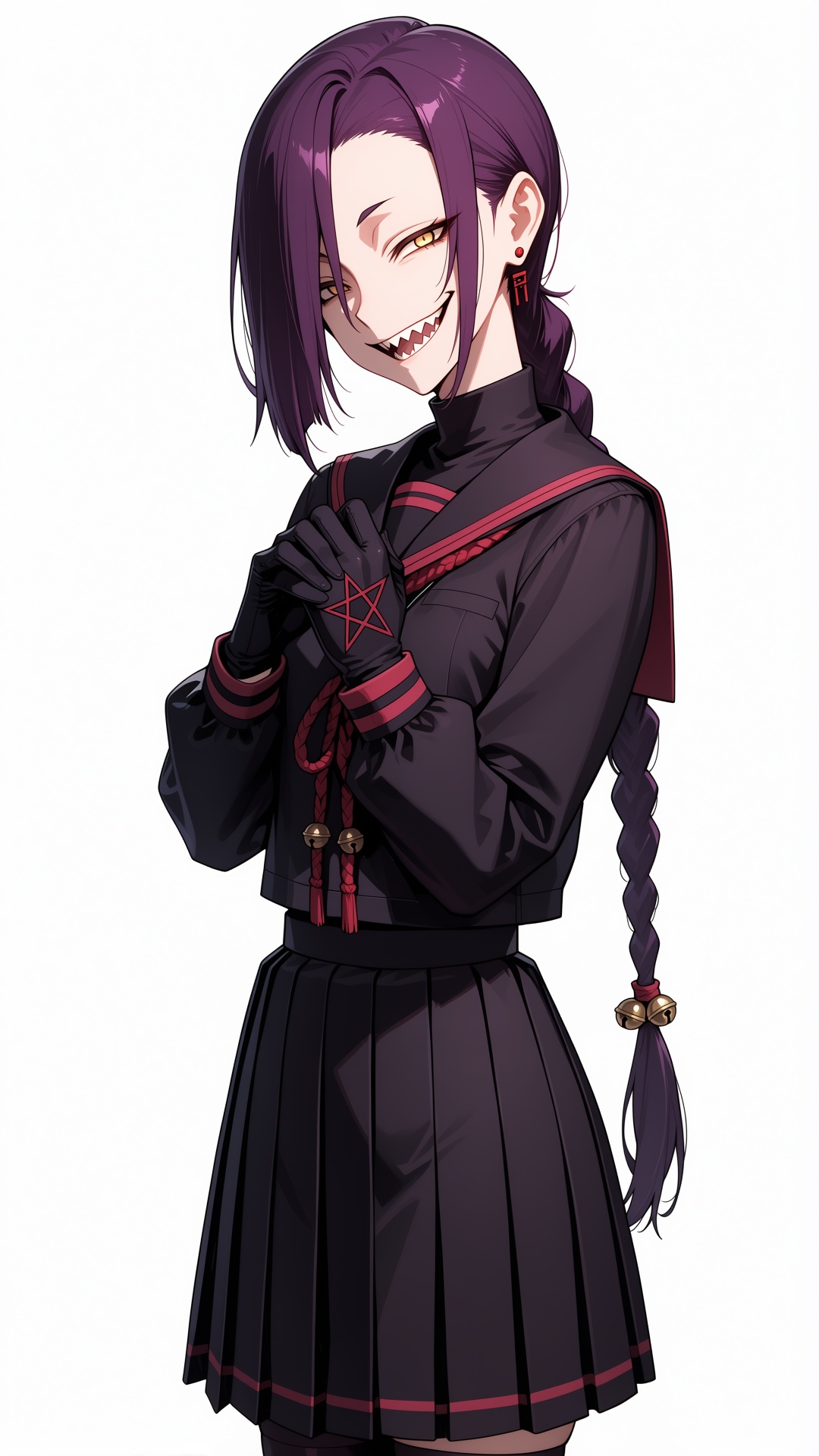 A girl with long purple hair pulled back into a simple,  long braid,  with a small bell tied to the end of the braid as an...