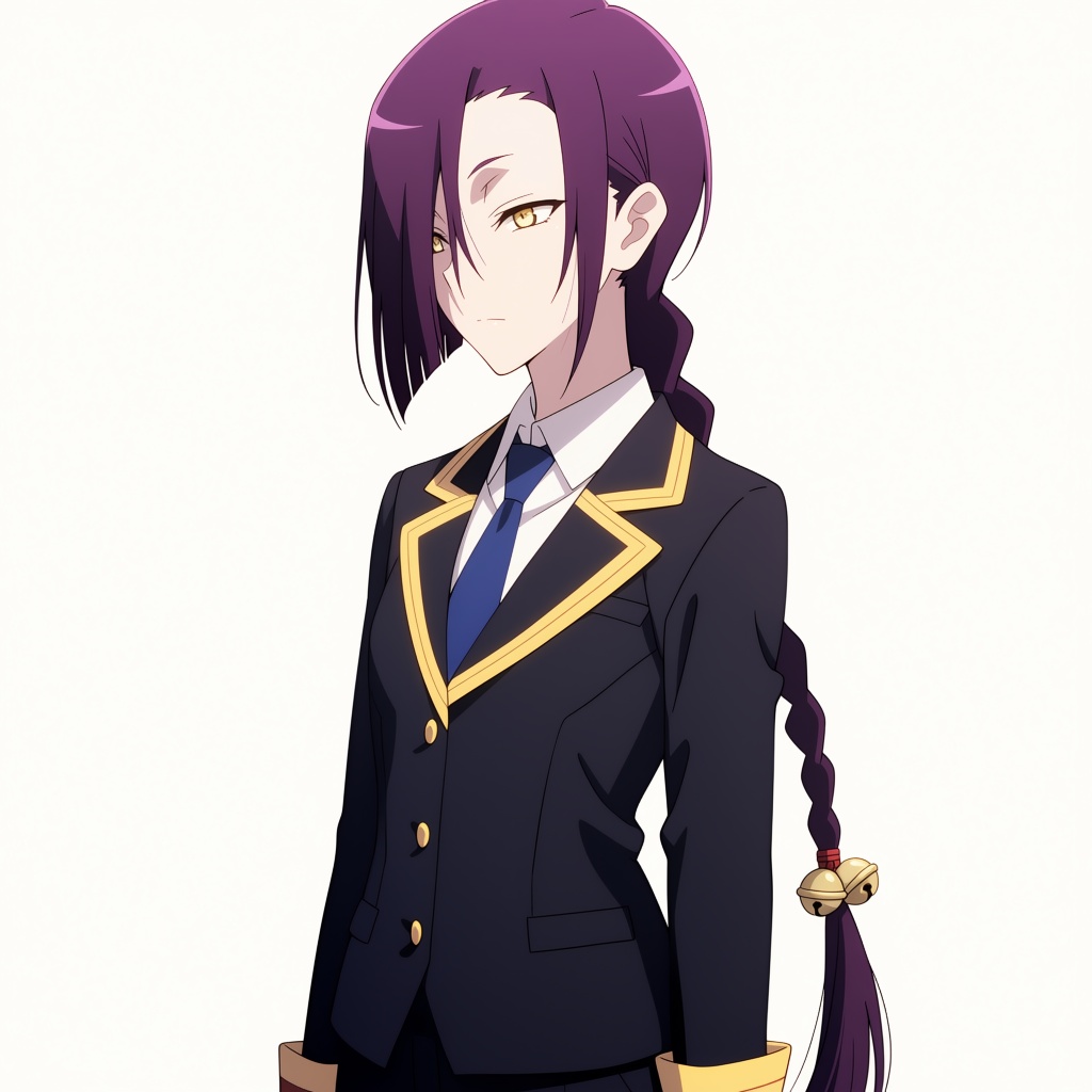 A girl with long purple hair pulled back into a simple,  long braid,  with a small bell tied to the end of the braid as an...