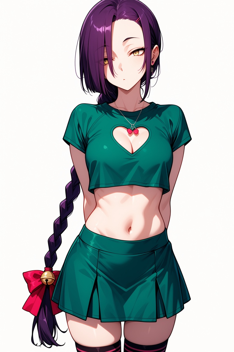 A girl with long purple hair pulled back into a simple,  long braid,  with a small bell tied to the end of the braid as an...