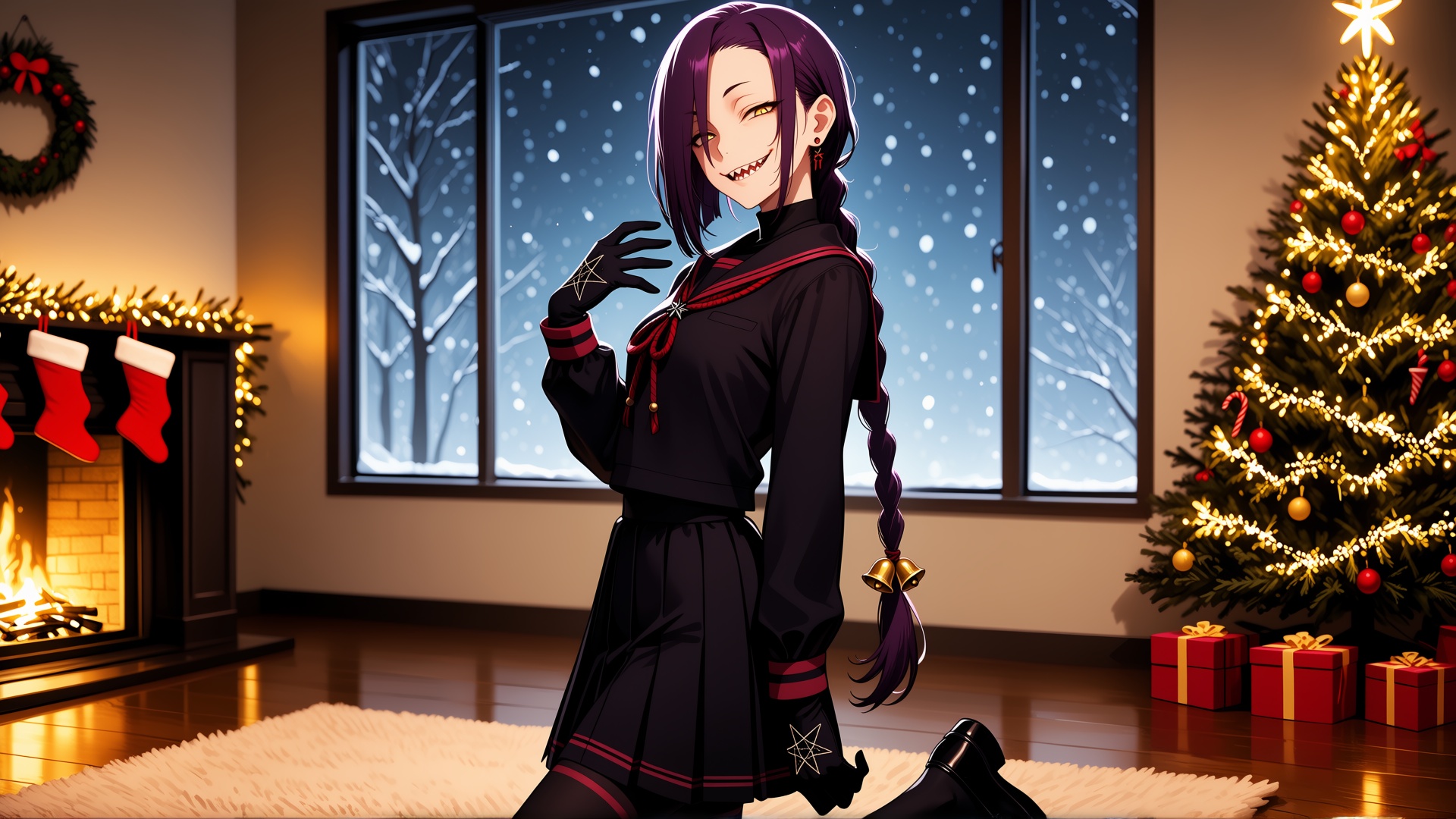 A girl with long purple hair pulled back into a simple,  long braid,  with a small bell tied to the end of the braid as an...