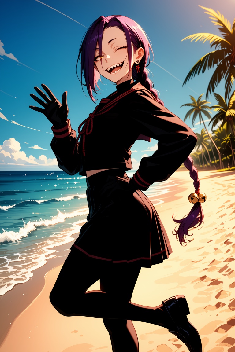 A girl with long purple hair pulled back into a simple,  long braid,  with a small bell tied to the end of the braid as an...