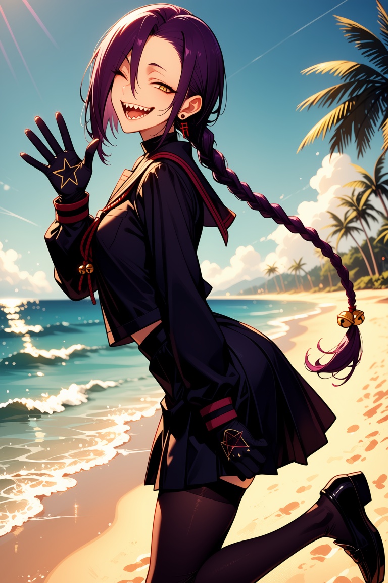 A girl with long purple hair pulled back into a simple,  long braid,  with a small bell tied to the end of the braid as an...