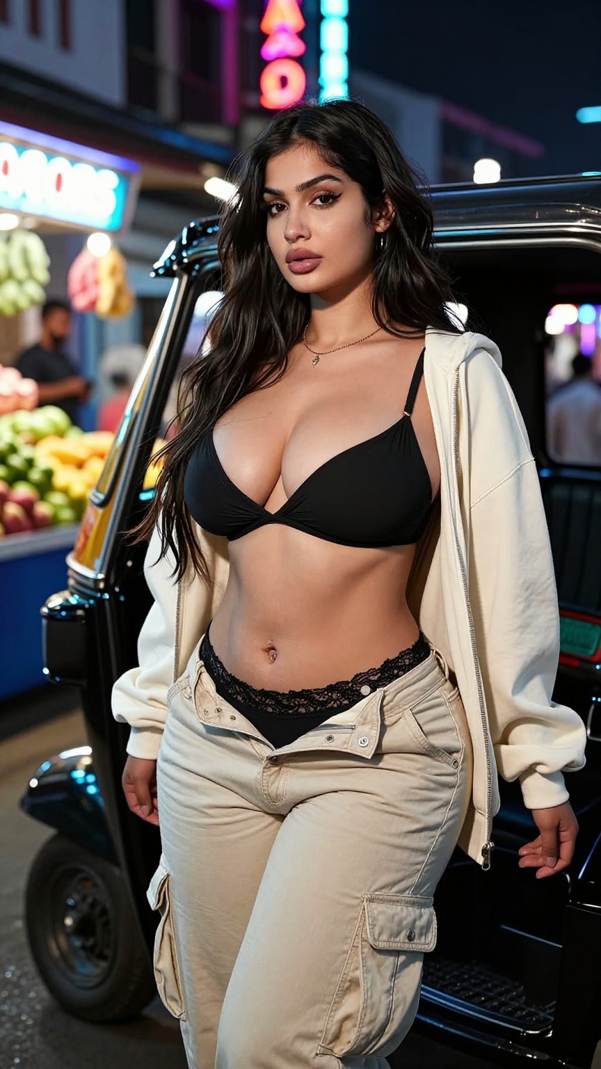 A young South Indian woman with pale warm skin and toned waist,  her soft hips accentuating her natural curves. Her long,...