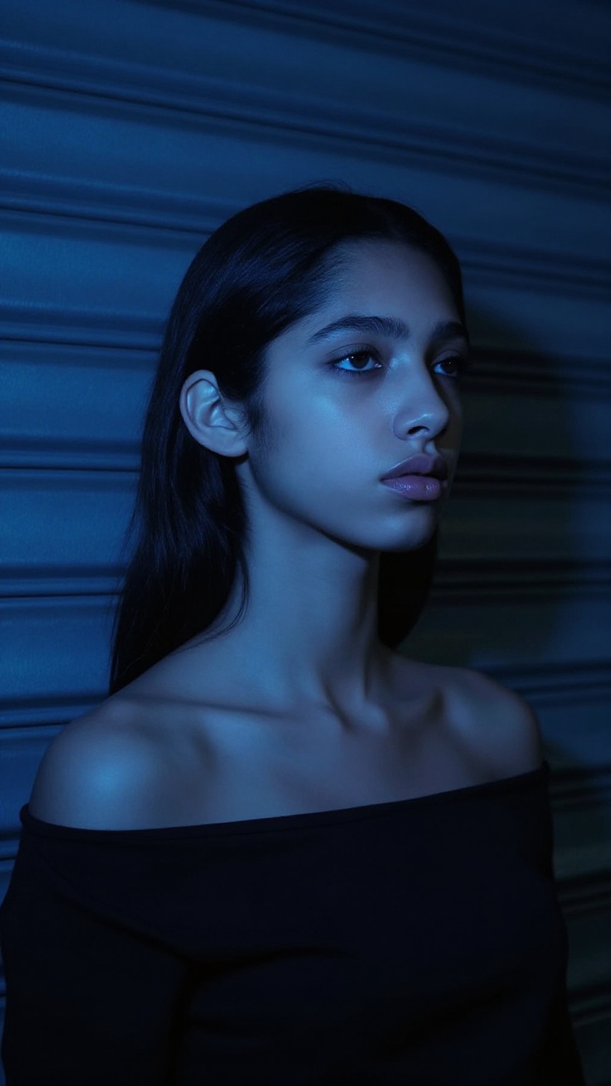 The image is a photograph featuring a young persian woman with a medium complexion and straight,  dark hair styled in a sl...