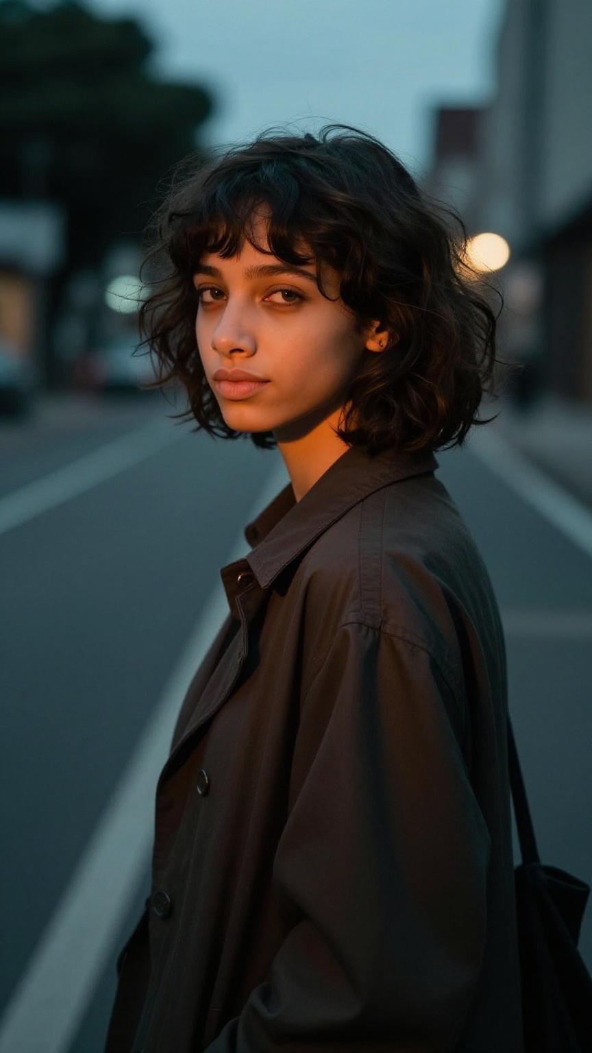 sec_filter,  A cinematic ,  Moody photograph of a young ***** east women with short wavy volumetric dark hair and bangs on...