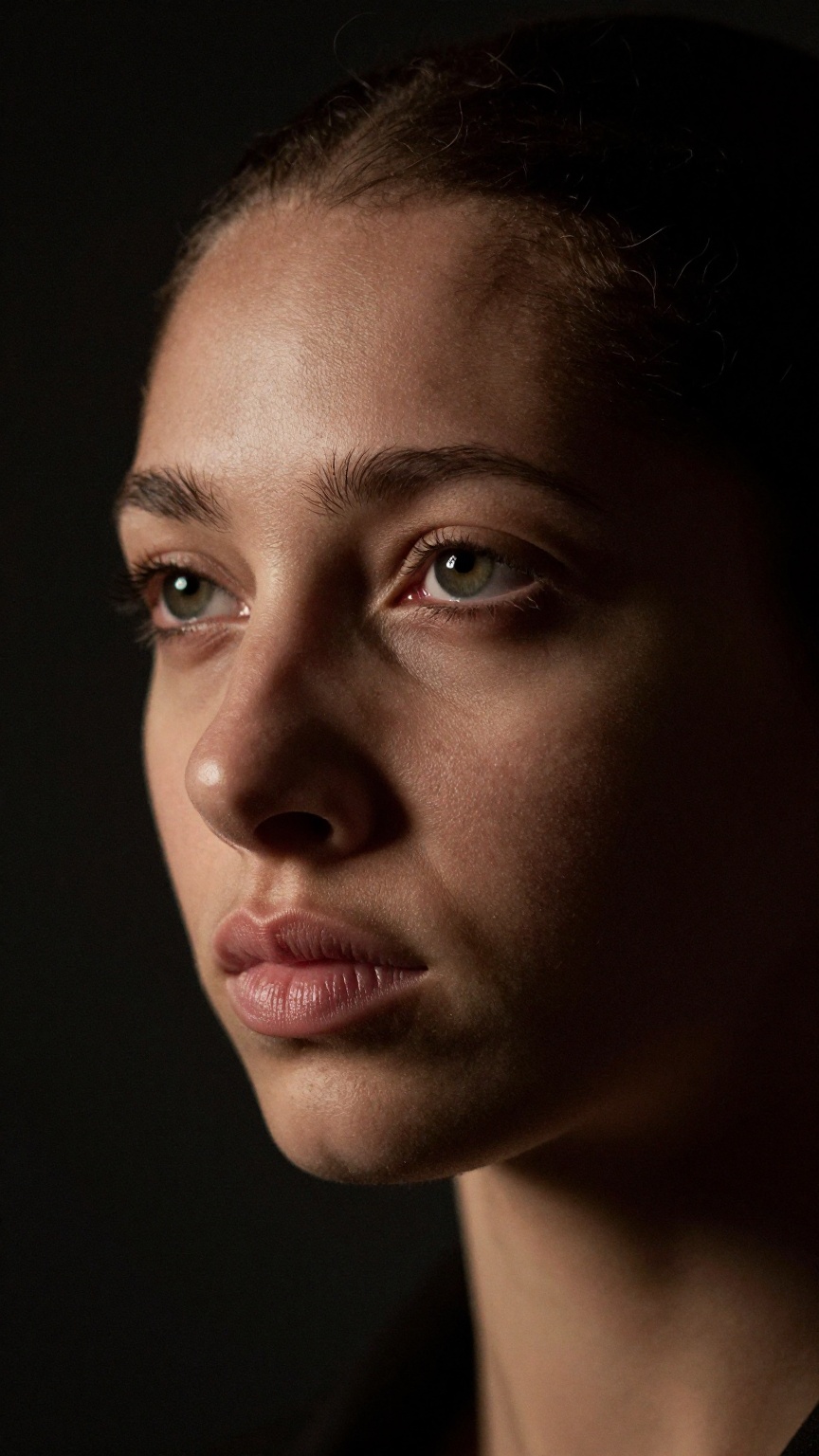 Close up of woman portrait,  Rembrandt lighting,  dark background on Tensor.Art