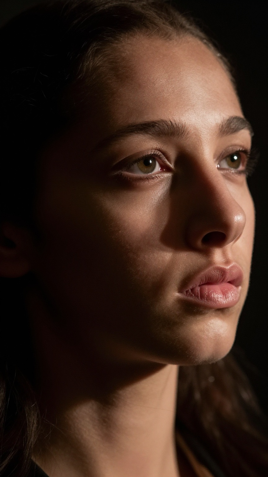 Close up of woman portrait,  Rembrandt lighting,  dark background on Tensor.Art