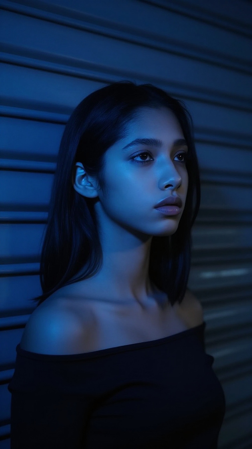 The image is a photograph featuring a young persian woman with a medium complexion and straight,  dark hair styled in a sl...