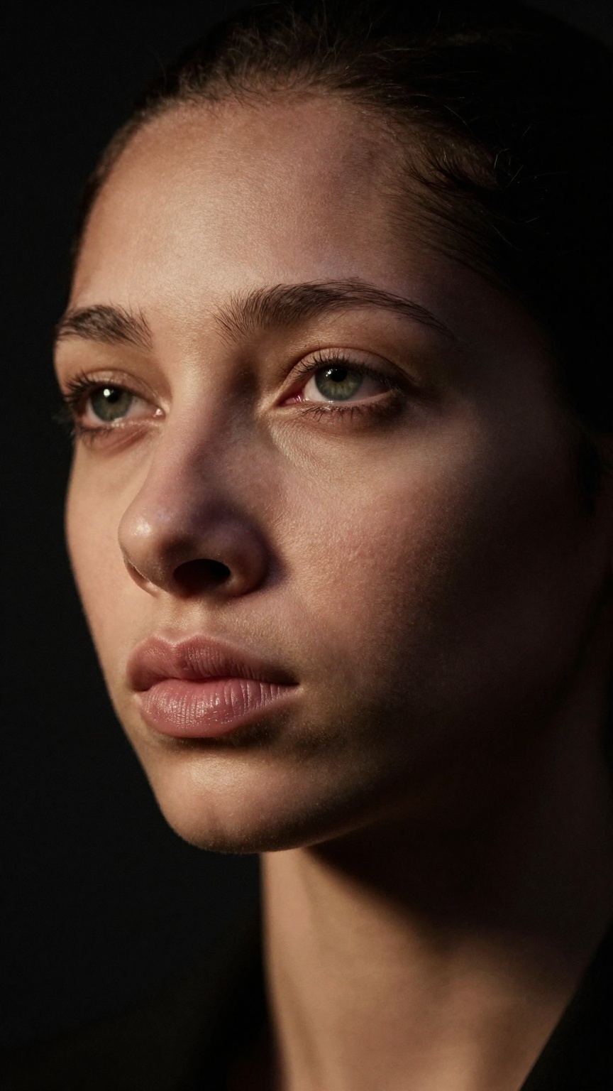 Close up of woman portrait,  Rembrandt lighting,  dark background on Tensor.Art