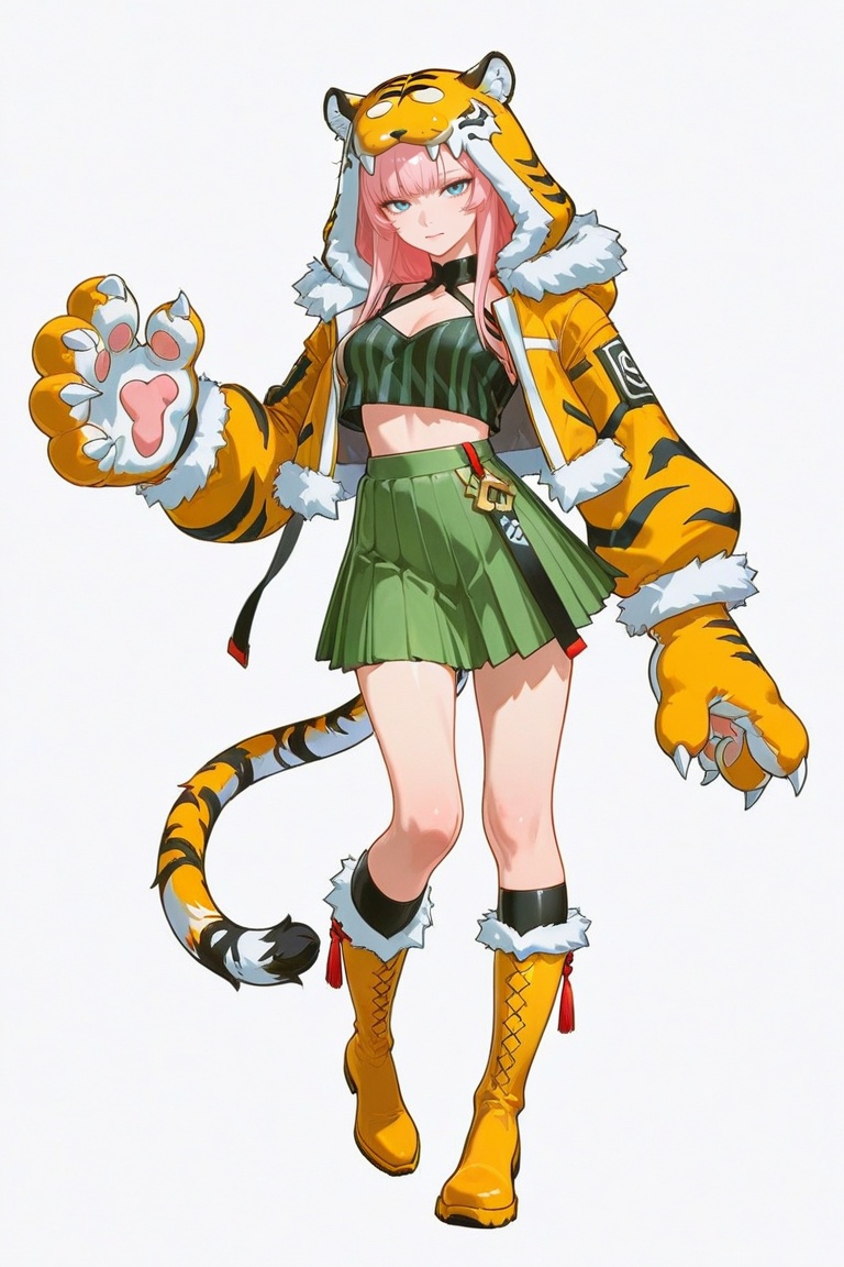 tiger hooded jacket with fur trim,  green striped crop top,  green pleated skirt on Tensor.Art