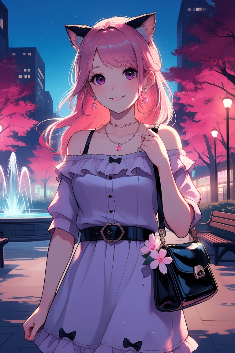A soft-focus anime-style portrait of a young woman with long pink hair and cat ears Subject: A cheerful girl with large pu...