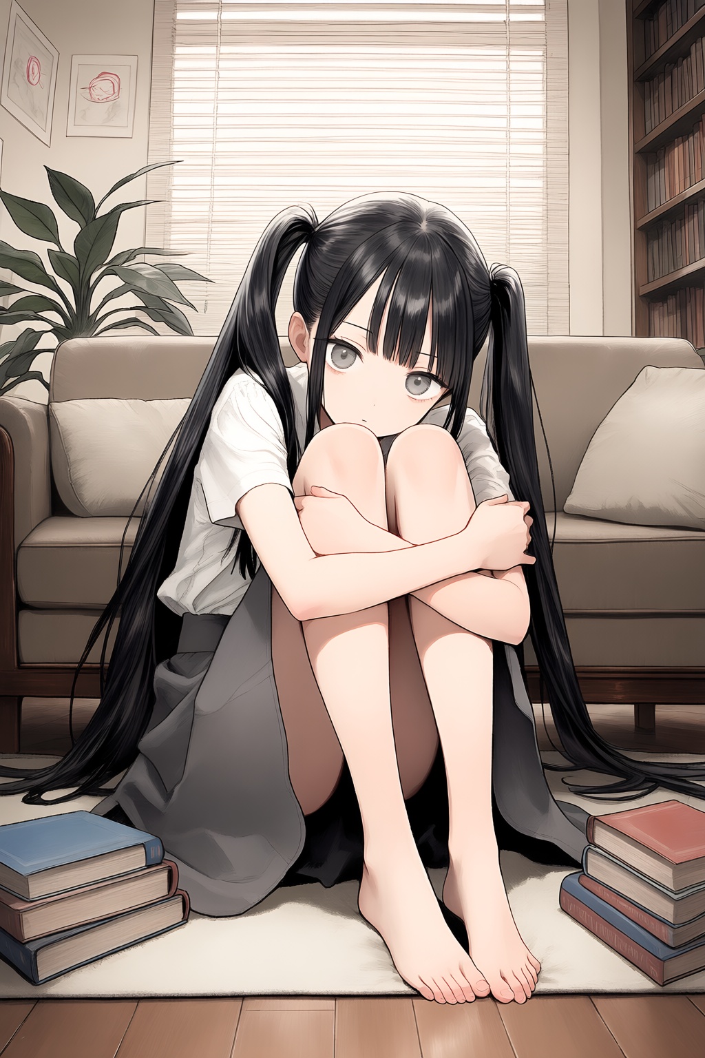 aesthetic illustration,  A young girl with very long black hair,  styled in pigtails and adorned with sidelocks on Tensor.Art