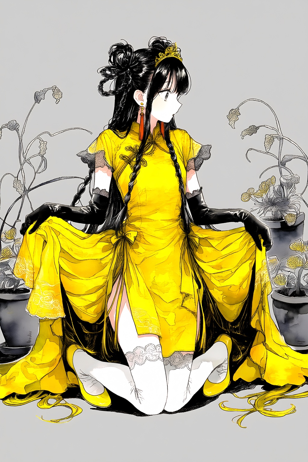A girl with long black hair,  wearing a yellow dress adorned with lace trims and earrings,  stands in profile. She kneels...